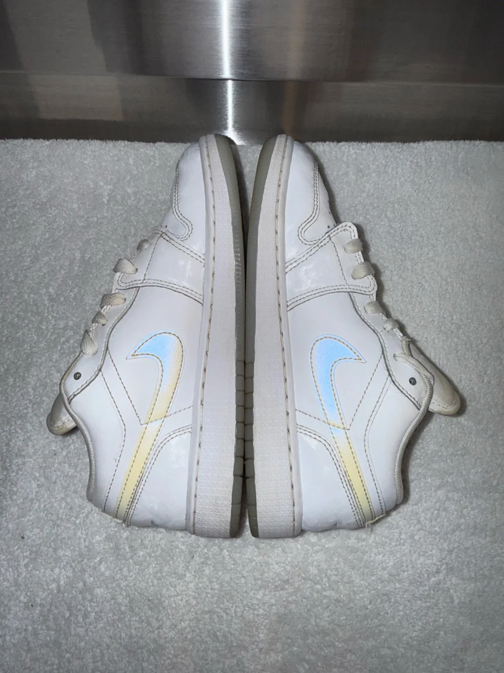 Nike Air Jordan’s White Low-Top Sneaker with Iridescent Swoosh Size 5Y